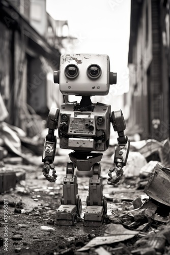 Humanoid robot walking in an abandoned industrial hall, monochrome black and whiteConcept: AI in urban exploration, future of robotics, machine evolution