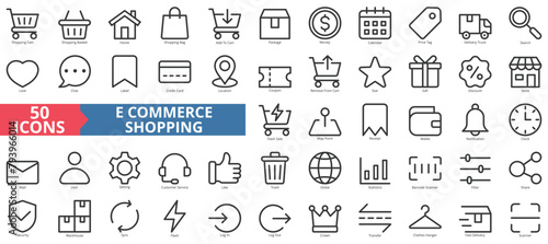 Ecommerce shopping icon collection set. Containing cart, basket, home, bag, package, money, calendar icon. Simple line vector.