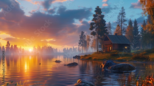 A tranquil evening scene at a colorful lake, with the last rays of sunlight casting a warm glow on the water and a rustic cabin in the distance.