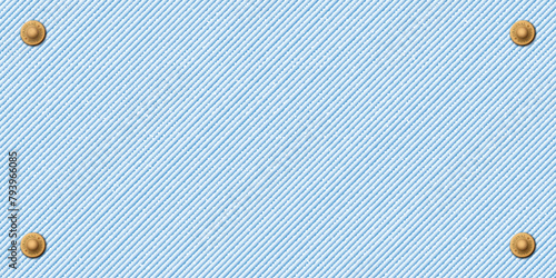 Denim blue jean textile faded condition background with brass pins frame vector illustration.