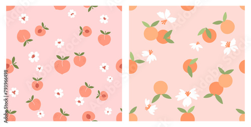 Seamless pattern with peach fruit green leaves, orange fruit and cute flower on pink backgrounds. Cute fruit prints vector.
