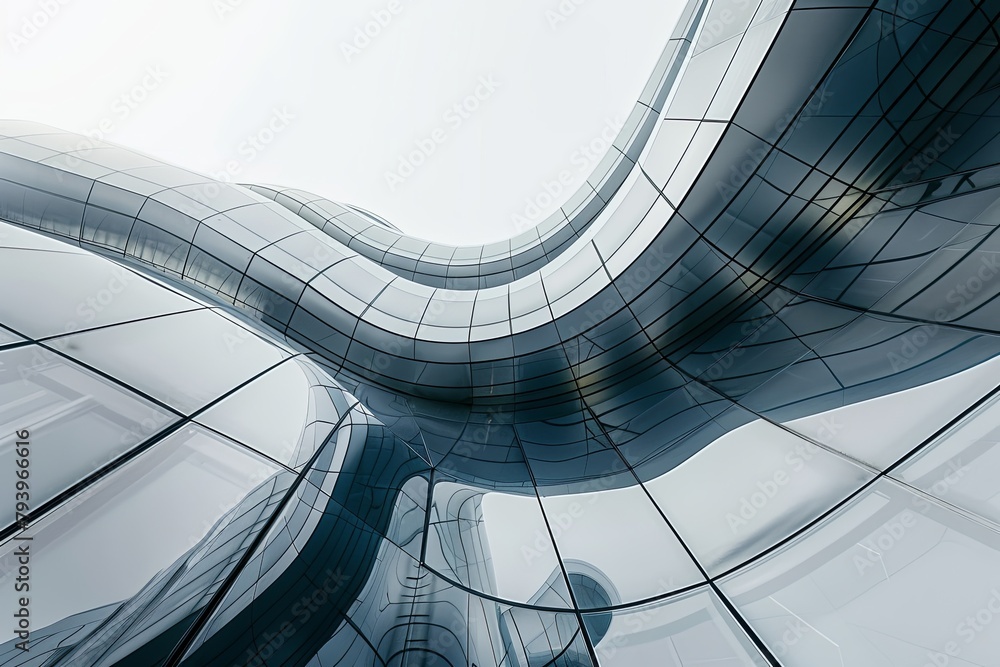 Obraz premium A minimalist architectural design showcasing abstract futuristic elements like curved walls and reflective surfaces.