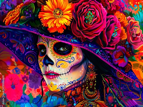 A woman in a colorful hat and flowers.