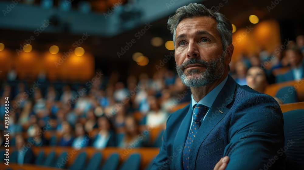 A middle-aged man in a business suit is sitting in a conference room with a large audience. A middle-aged man in a business suit is sitting in a conference room with a large audience.
