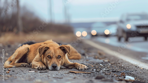 An abandoned dog lying beside a road, with cars passing indifferently in the background, illustrating the loneliness and vulnerability of strays. photo
