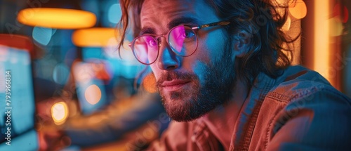 A man with glasses and a beard is looking at something. He has a thoughtful expression on his face. He is wearing a casual shirt and there are fairy lights in the background.