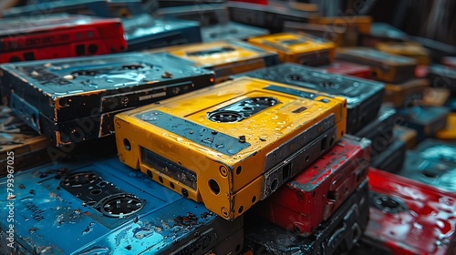 Pile of old retro cassette tapes for a music collection in the style of retro