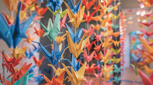 An art installation featuring origami cranes, with participants from various countries contributing, representing collective efforts towards peace.