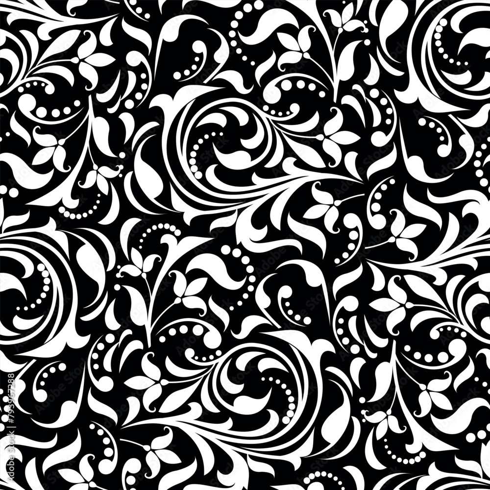 Flower pattern. Seamless white and black ornament. Graphic vector background. Ornament for fabric, wallpaper, packaging. Flower pattern. Seamless white and black ornament. Graphic vector background. Ornament for fabric, wallpaper, packaging.