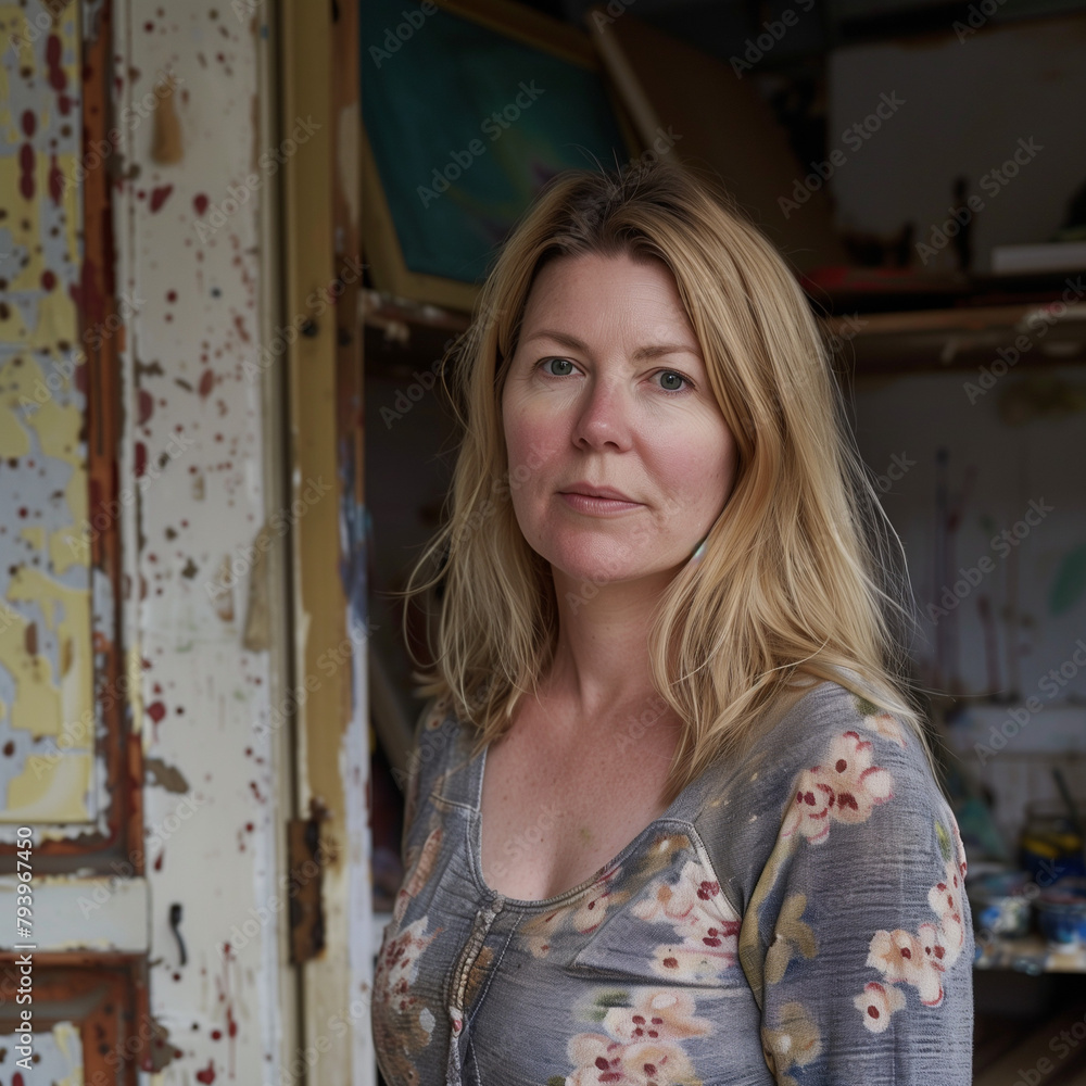 Obraz premium Over 40 woman with blonde shoulder length hair, neutral expression, looking to camera in a rustic arty space or studio, natural look, no makeup, unfiltered