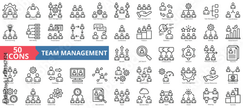 Team management icon collection set. Containing teamwork, delegation, replacement, organization, task, coordination, brainstorming icon. Simple line vector.