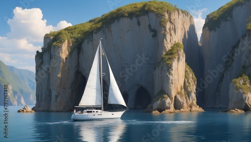 Tranquility at Sea, A Peaceful Sailboat Voyage Amidst Still Waters, Bordered by Quiet Cliffs and Sunny Skies.