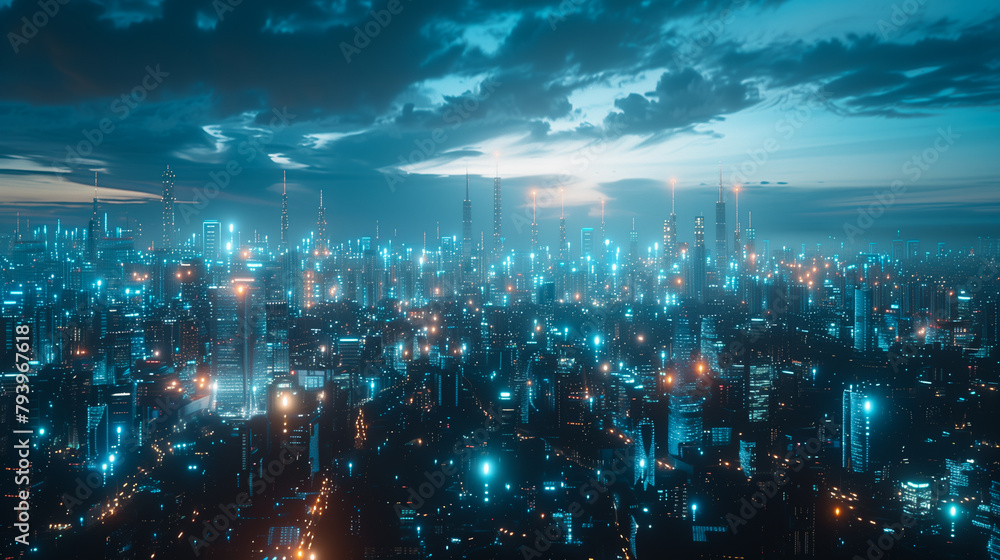 Obraz premium Network connection concept with Night view of a modern cityscape overlaid with vibrant digital network lines, symbolizing connectivity and data flow.