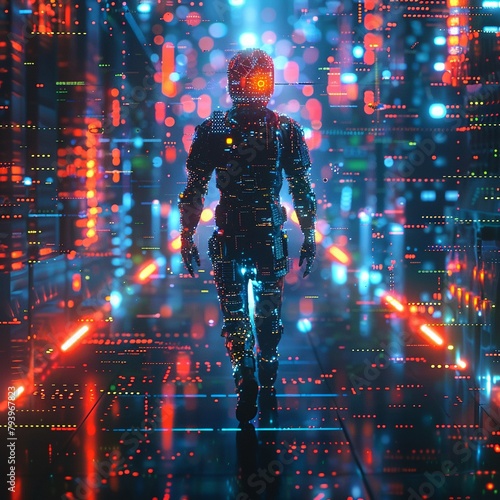 Imagine a cybernetic warrior, with neonlit enhancements, navigating through a maze of pixelated obstacles, combining dynamic celshaded animation with a futuristic aesthetic