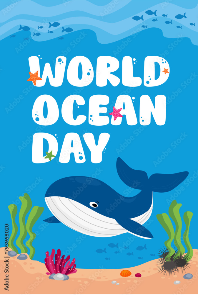 Naklejka premium World Ocean Day banner poster with whale, algae, fish, coral, sea urchin and starfish