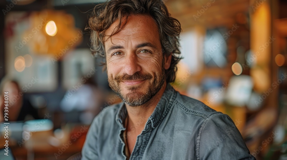 A photo of a handsome man with long brown hair and blue eyes, wearing a blue shirt, smiling at the camera. A photo of a handsome man with long brown hair and blue eyes, wearing a blue shirt, smiling at the camera.
