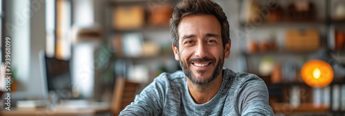 A photo of a man smiling. He has short brown hair and brown eyes. He is wearing a gray sweater. The background is blurred. photo