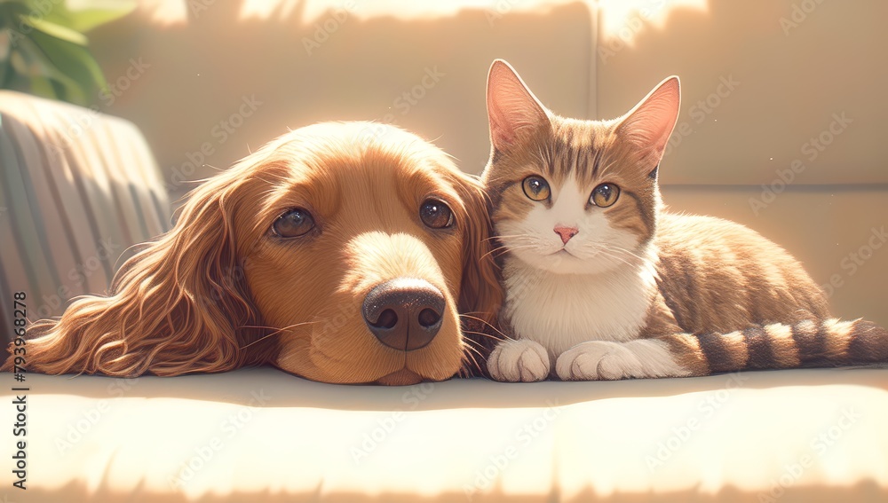 Cute brown long-haired dachshund and cute tabby cat sitting on a white sofa