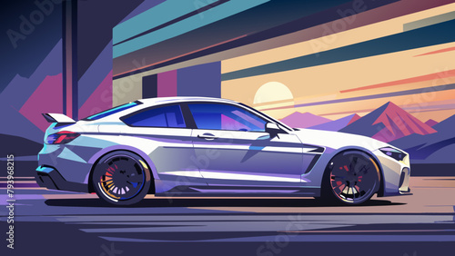 A sports car on the road.The road into the distance. The car rushes along a picturesque road.Let's go! An illustration of a car ready for new discoveries in the vast expanses. bmw m4