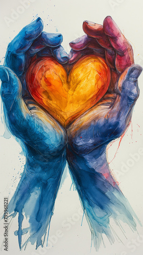Colorful painting of 2 hands, hands coming together to form a heart. 