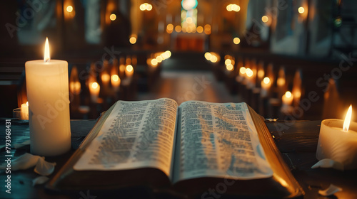 Bible laid on a church altar, surrounded by candles, during a serene and solemn religious service, focusing on the sanctity of the scripture.