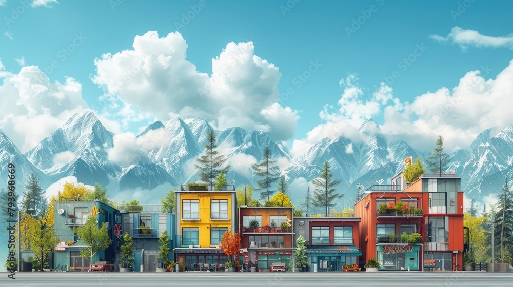 A row of colorful houses with trees and mountains in the background