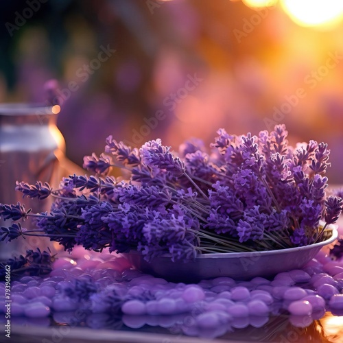 A close-up image of lavender flowers in a bowl with a sunset in the background.