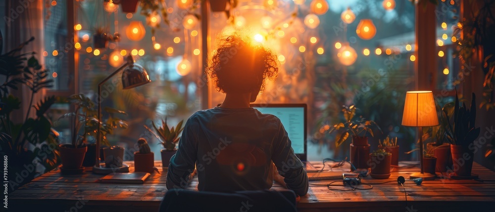 A woman is sitting at her desk, looking at her computer. She has curly hair and is wearing a blue shirt. The room is decorated with plants and fairy lights. A woman is sitting at her desk, looking at her computer. She has curly hair and is wearing a blue shirt. The room is decorated with plants and fairy lights.
