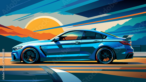 A sports car on the road.The road into the distance. The car rushes along a picturesque road.Let's go! An illustration of a car ready for new discoveries in the vast expanses. bmw m4