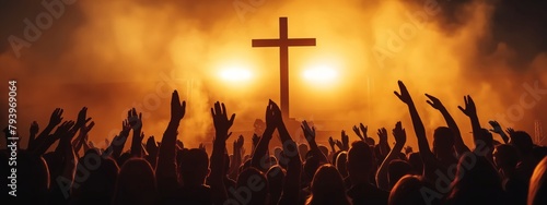 Happy Easter concept. Christian worship with raised hand in front of the cross background.