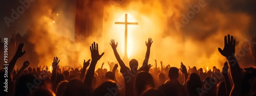 Happy Easter concept. Christian worship with raised hand in front of the cross background. photo