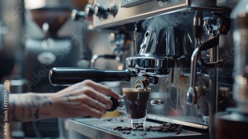 A barista crafts espresso on a machine amidst steam and scattered coffee beans. Created with Generative AI.