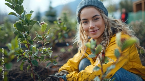 A young woman is planting a tree in the woods. She is wearing a yellow raincoat and a blue beanie. She has a smile on her face.