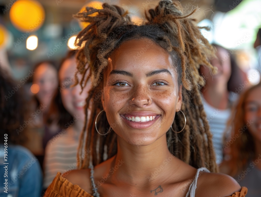 A young woman with long brown hair and freckles is smiling. A young woman with long brown hair and freckles is smiling.