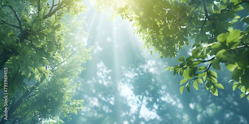 Fresh spring sky background with strong sunlight shining through the trees background - Ai Generated