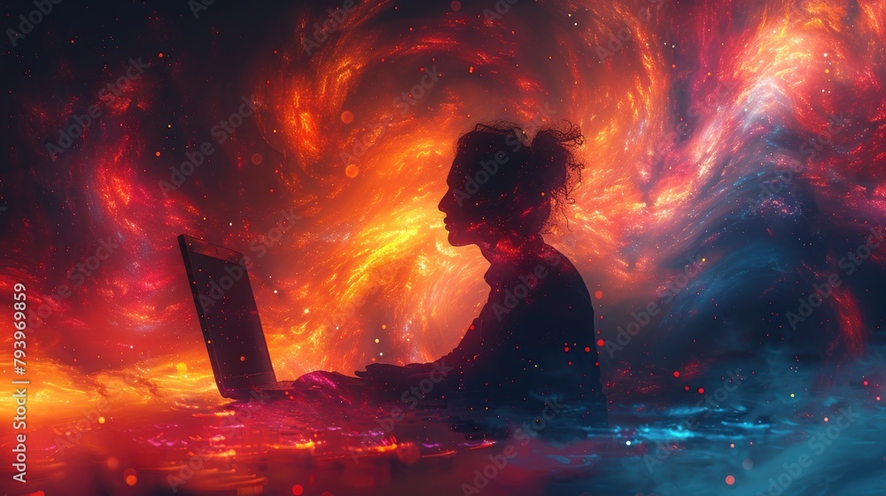 An astronaut in a spacesuit is sitting on a planet and working on a laptop. The astronaut is surrounded by stars and a nebula.