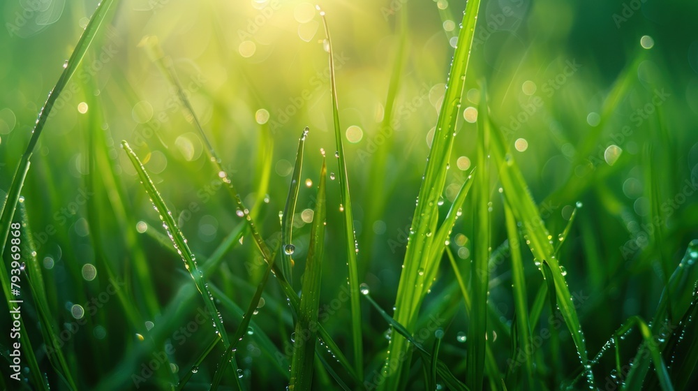 Obraz premium Drops of morning dew glisten on the green grass in the rice fields.