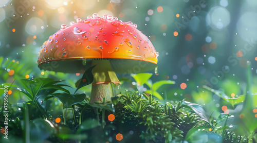 Close-up of a colorful pixie mushroom in a lush, fairy-tale garden, tiny dewdrops adding a sparkle, ideal for a fantasy-themed illustration.