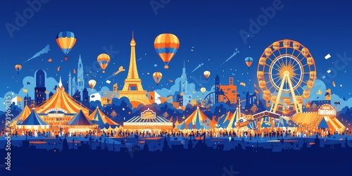 Amusement park with circus tents, Ferris wheel and hot air balloons at night.  photo
