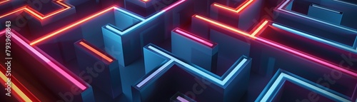 3D maze with glowing exit sign, overcoming challenges, neon lighting, top-down perspective