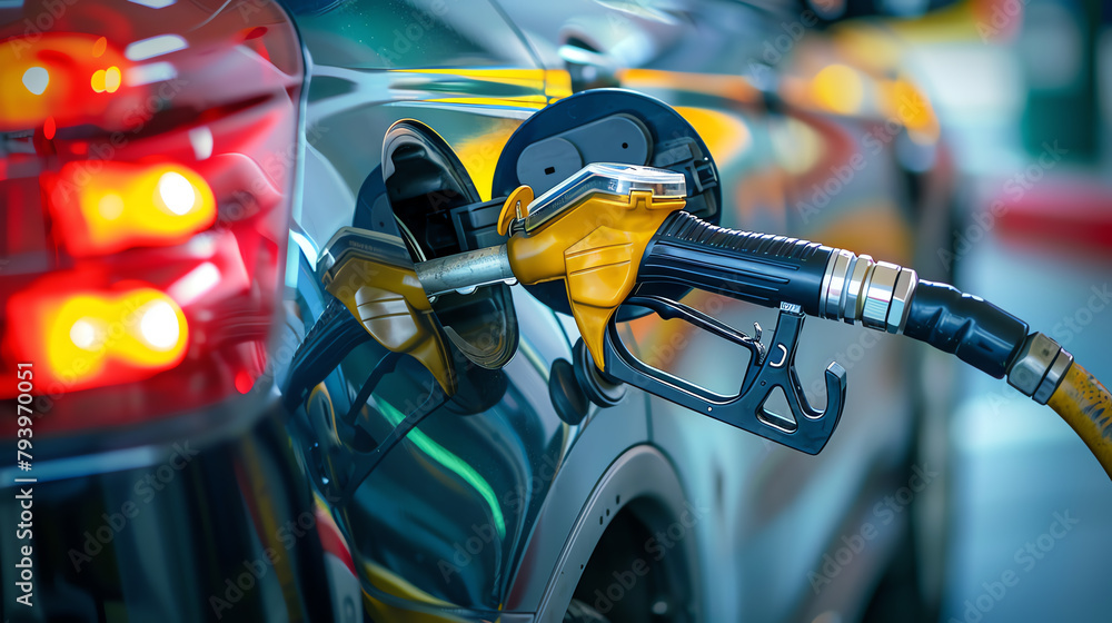 Close-up of a gasoline pump nozzle placed in the fuel tank of a modern car, highlighting the fueling process and vibrant hose colors.