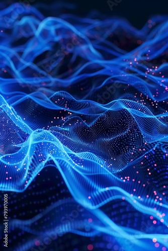 Abstract big data visualization, glowing lines, 3D render, deep cyberspace, dynamic flow