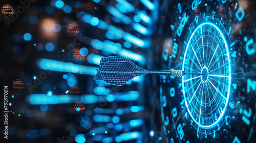 Close-up of a dart striking the bullseye, represented in a holographic wireframe with blue neon light, symbolizing precision and digital analytics. photo