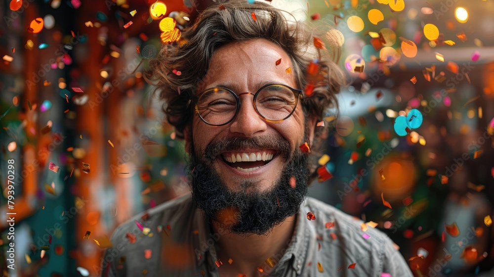 Confetti falling on a happy man Confetti falling on a happy man
