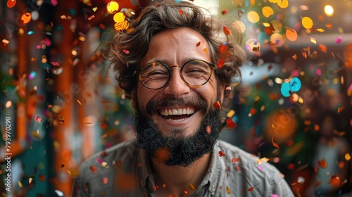 Confetti falling on a happy man photo