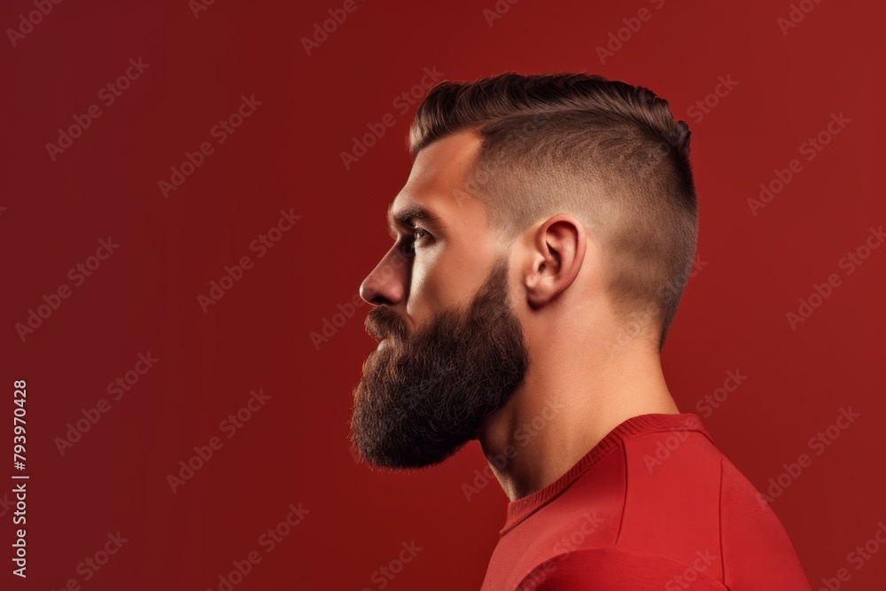 Obraz premium Side profile of a young European man with a well-groomed beard, brown monochrome background, grooming conceptConcept: male grooming, style, fashion, beard care, European masculinity