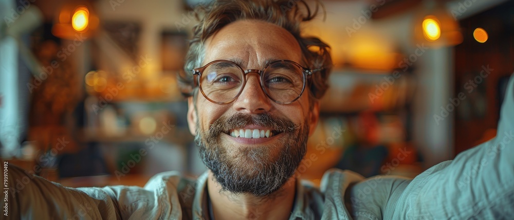 Happy man with glasses smiling and taking selfie in a cafe.