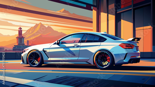 A sports car on the road.The road into the distance. The car rushes along a p...