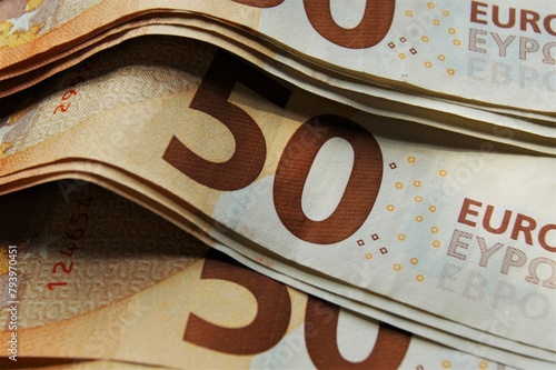 Business and finance. Close-up of a stack of 50 euro banknotes. 