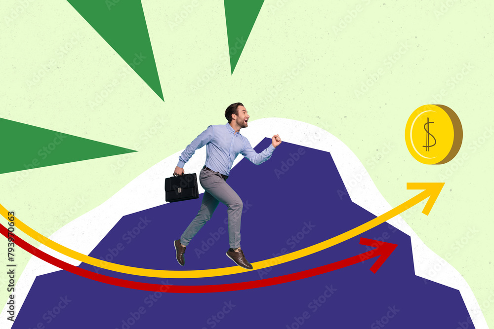 Trend artwork sketch image photo collage of office manager man run on huge arrow success job project earn money dollar usd growth Trend artwork sketch image photo collage of office manager man run on huge arrow success job project earn money dollar usd growth